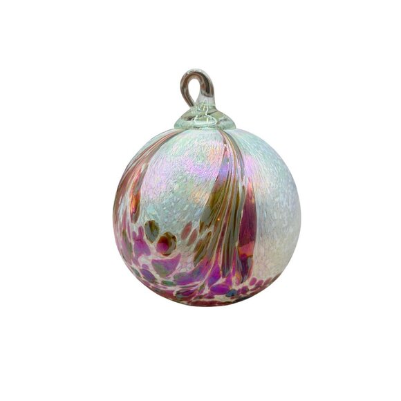 Handcrafted Other - Hand Blown Glass Ornament Iridescent White Pink Gold Swirls Decorative Sphere